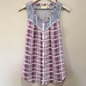 🍁 Vera Wang Plaid Button-Up Sheer Tank Top